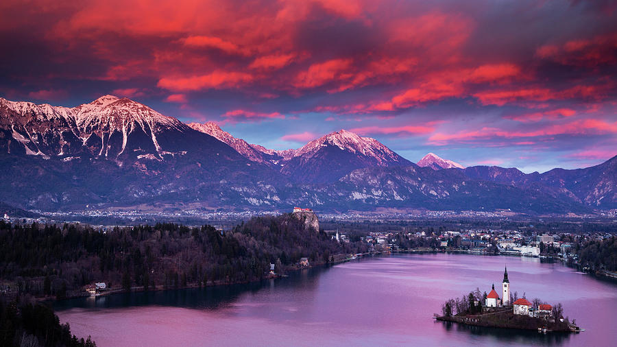 View of Lake Bled from Ojstrica at sunset Photograph by Ian Middleton