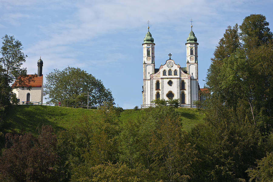 View of Leonhardskapelle chapel and Kirche Heilig Kreuz, Church of the Holy Cross, Kalvarienberg, Bad Toelz, Upper Bavaria, Bavaria, Germany, Europe, PublicGround Photograph by Martin Moxter