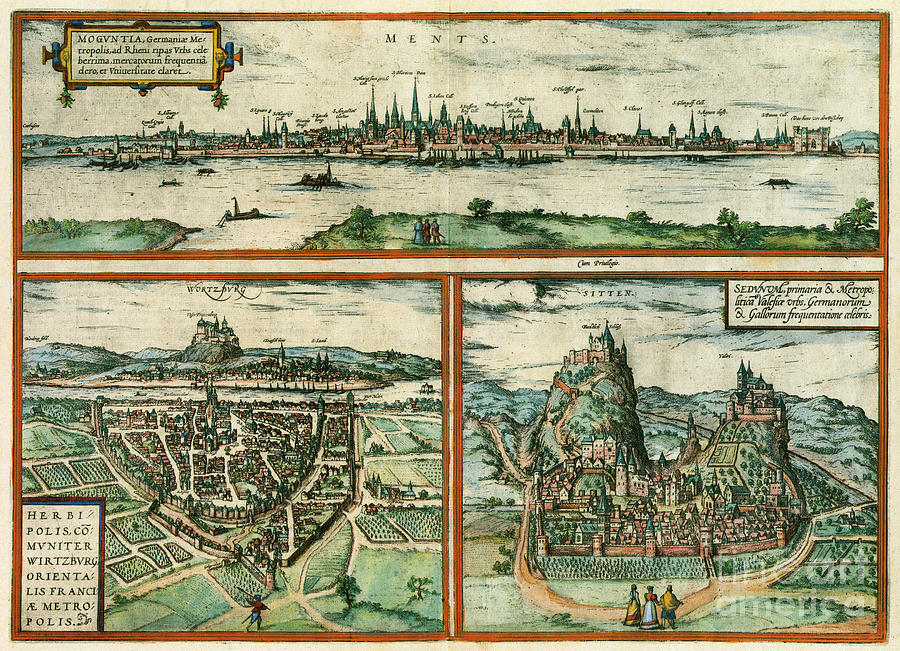 View Of Mainz, Wurzburg, And Sion, 1572 Drawing by Georg Braun and Franz Hogenberg