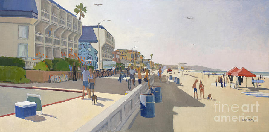 View of Mission Beach from the Wayfarer Hotel - San Diego, California Painting by Paul Strahm