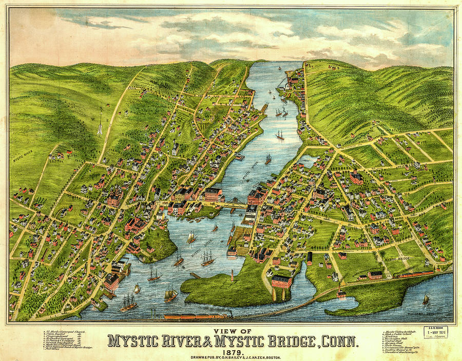 View of Mystic River Historical Vintage Map Drawing by Joseph S Giacalone