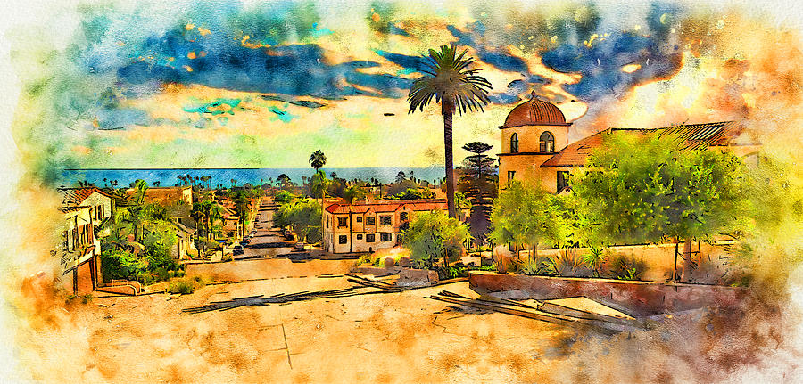 View of N Fir Street downhill to the Pacific, in Ventura, California - pen and watercolor Digital Art by Nicko Prints