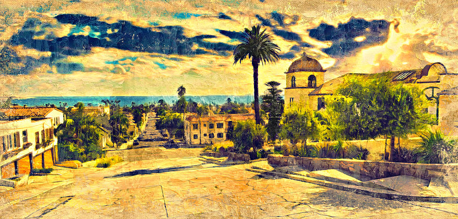 View of N Fir Street downhill to the Pacific, in Ventura, California Digital Art by Nicko Prints