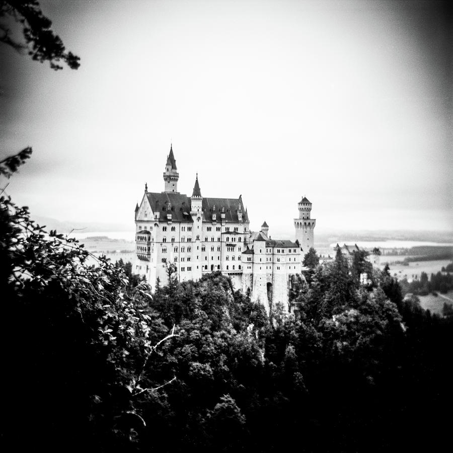 View of Neuschwanstein Castle in Black and White on a Foggy Day - Film ...