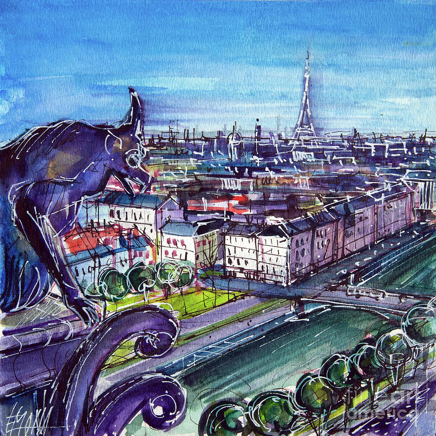 VIEW OF PARIS FROM NOTRE DAME TOWERS left panel watercolor painting Mona Edulesco Painting by Mona Edulesco