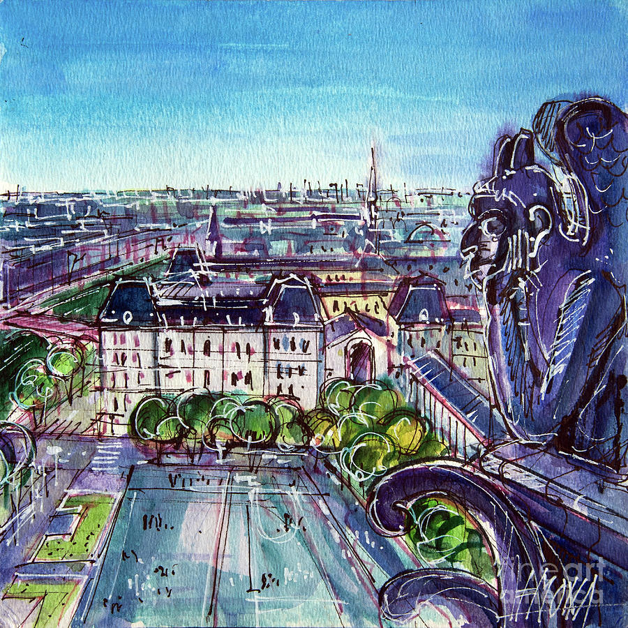 VIEW OF PARIS FROM NOTRE DAME TOWERS right panel watercolor painting Mona Edulesco Painting by Mona Edulesco