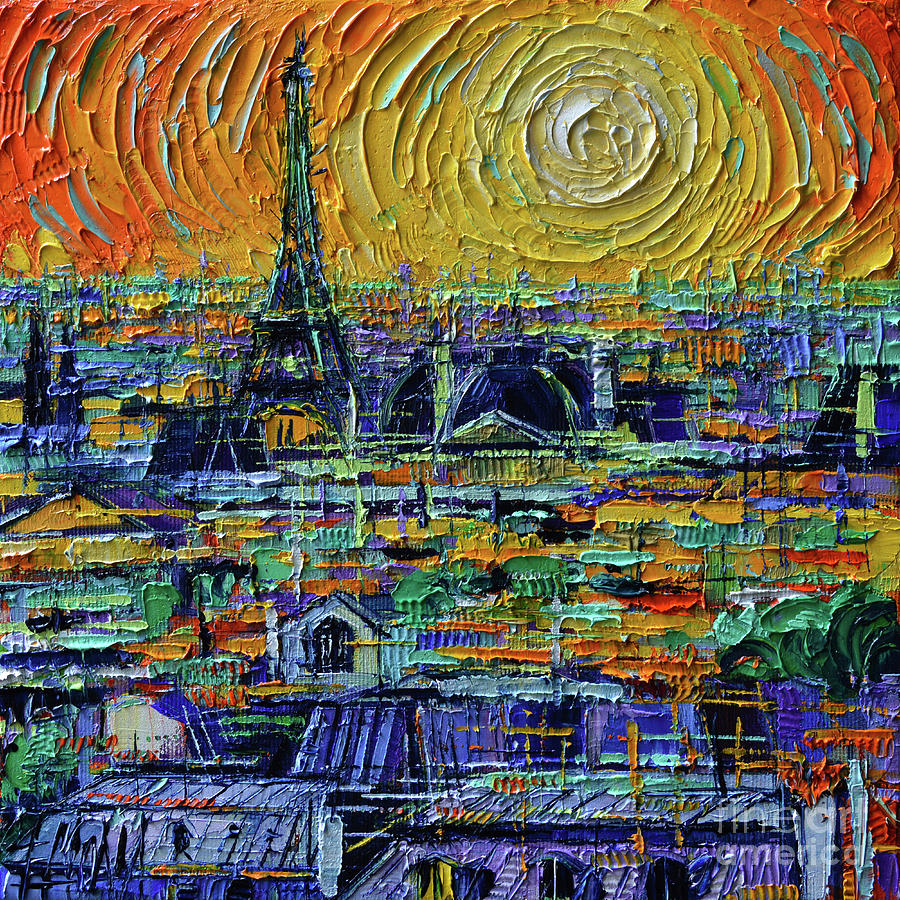 View of Paris from Pompidou - Textural Impressionist Stylized Cityscape Mona Edulesco Painting by Mona Edulesco