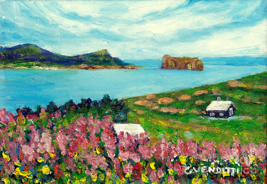 View Of Perce Rock Bonaventure Island Gaspe Country Scene With Houses And Field Grace Venditti Art Painting by Grace Venditti