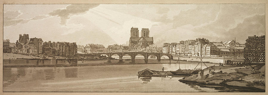 Thomas Girtin Drawing - View of Pont de la Tournelle and Notre Dame taken from the Arsenal  by Thomas Girtin
