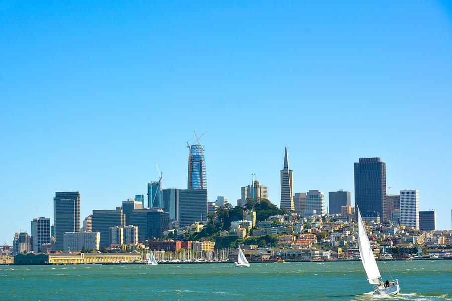 View of San Francisco and the skyline from across the San Francisco Bay with sailboats in the foreground Photograph by Barbara Rich