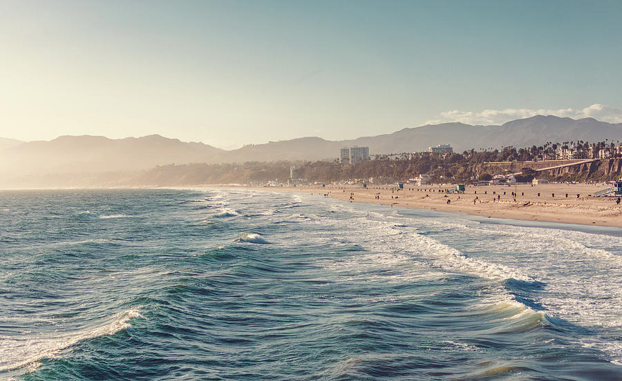 View Of Santa Monica Beach And Los Angeles In Afternoon Sun. Aerial 