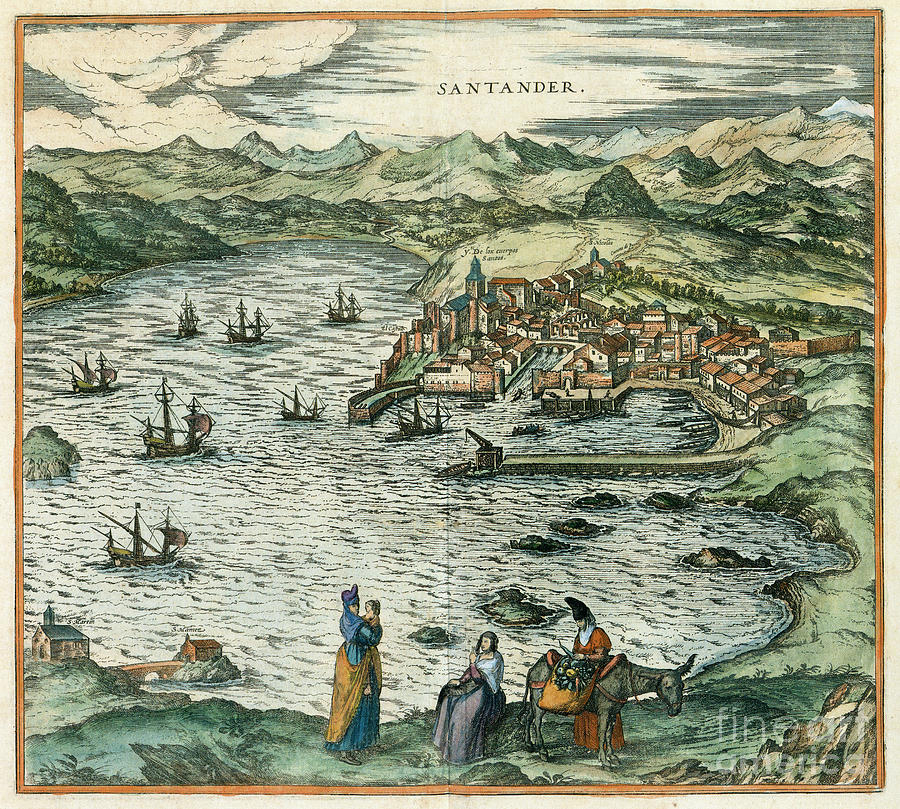 View Of Santander, Spain, And The Atlantic Ocean, 1575 Drawing by Georg Braun and Franz Hogenberg