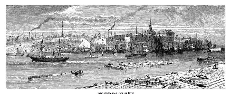 View of Savannah from the Savannah River, Savannah, Georgia, United States, American Victorian Engraving, 1872 Drawing by Bauhaus1000