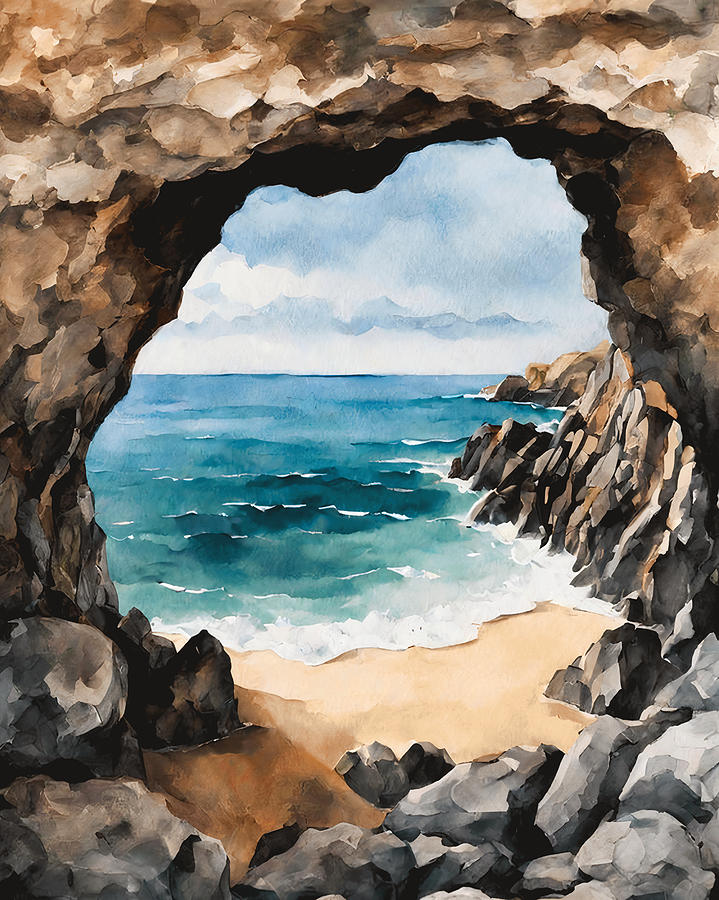 Fantasy Painting - View of sea from a cave, Seascape Painting by Mounir Khalfouf