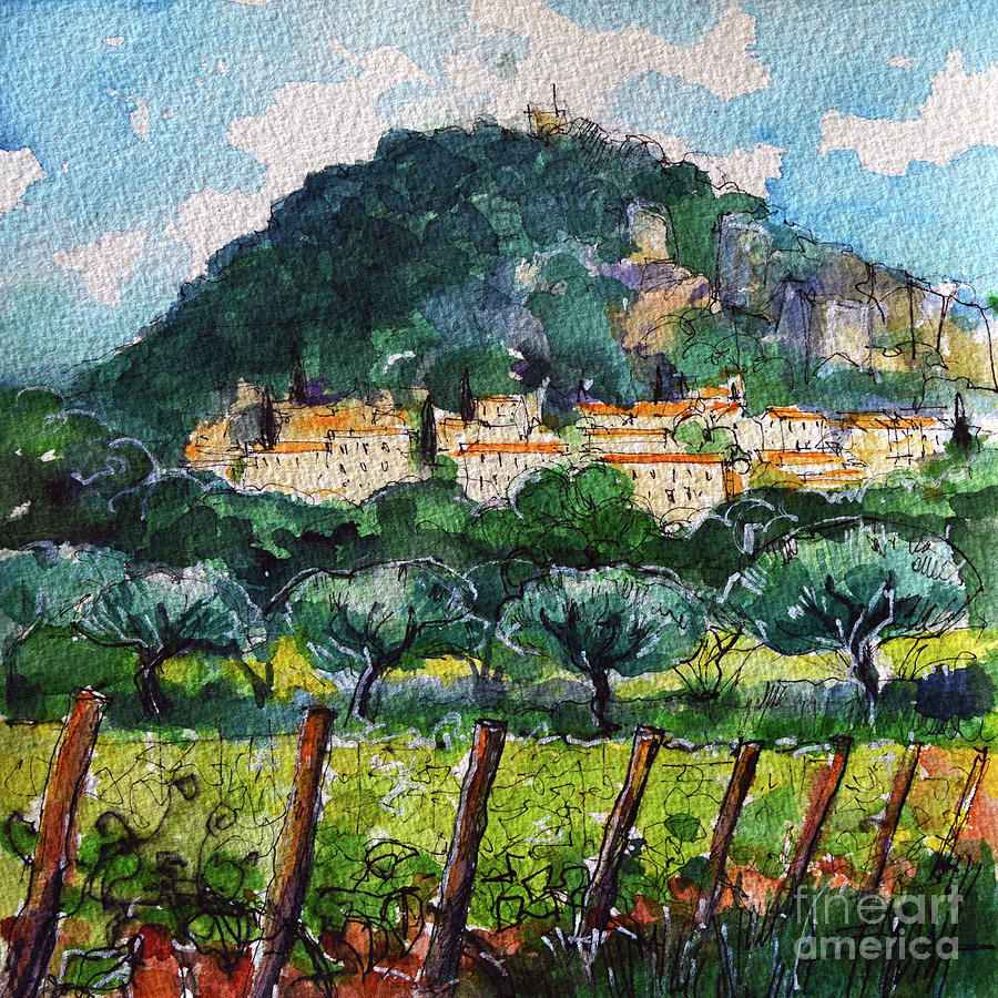 View of Seguret village from the vineyards - watercolor painting Mona Edulesco Painting by Mona Edulesco