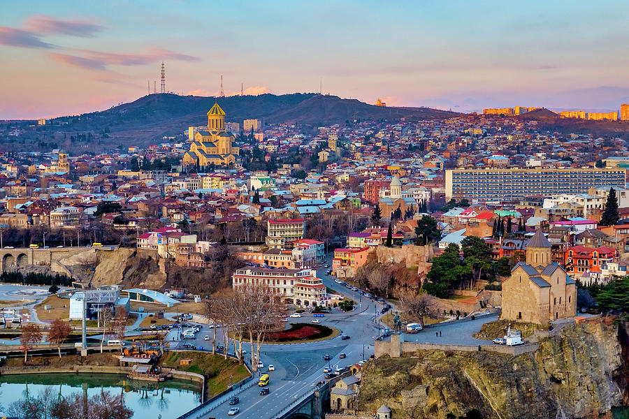 Sunset Photograph - View of Tbilisi taken from Narikala fortress at sunset by Fabrizio Troiani