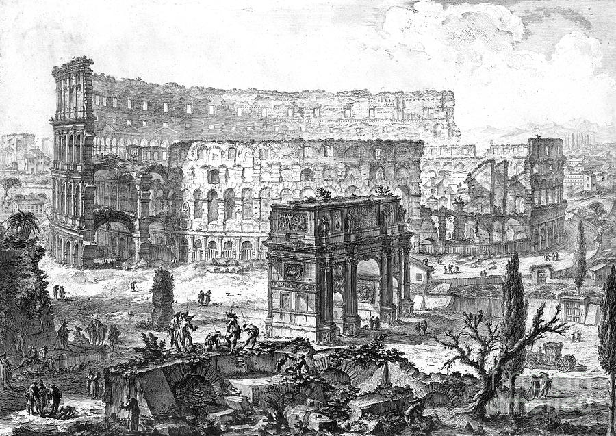 View of the Arch of Constantine and the Flavian Amphitheater, or Colosseum, in Rome, Italy Drawing by Giovanni Battista Piranesi