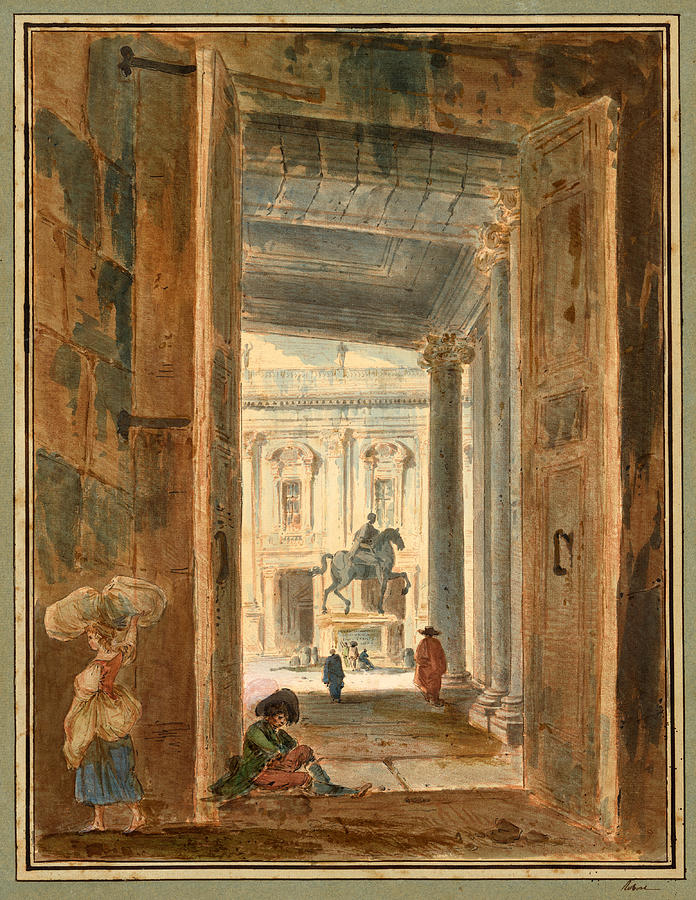 View of the Campidoglio with the Statue of Marcus Aurelius Drawing by Hubert Robert
