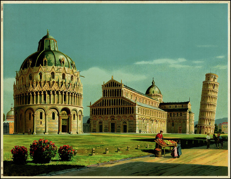 view of the central part of Pisa, including the Leaning Tower and other famous buildings. 1900 circa Painting by MotionAge Designs