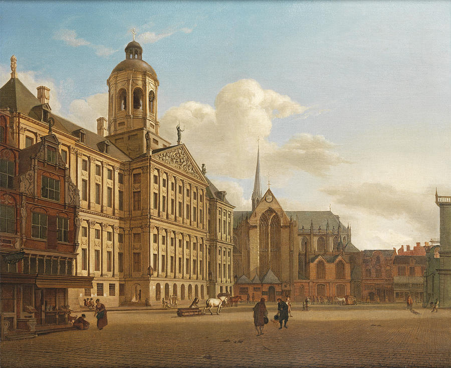 View of the dam with the Town Hall in Amsterdam  Painting by Follower of Jan van der Heyden