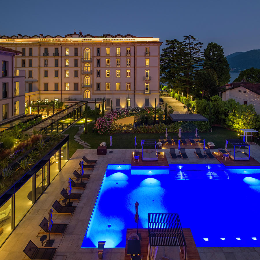 View of the Grand Hotel Victoria outdoor pool at dusk Photograph by David L Moore