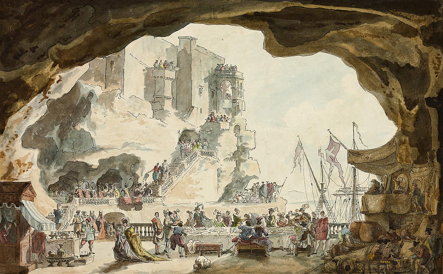 View of the Grotta di Palazzo with Banquet Drawing by Louis Jean Desprez