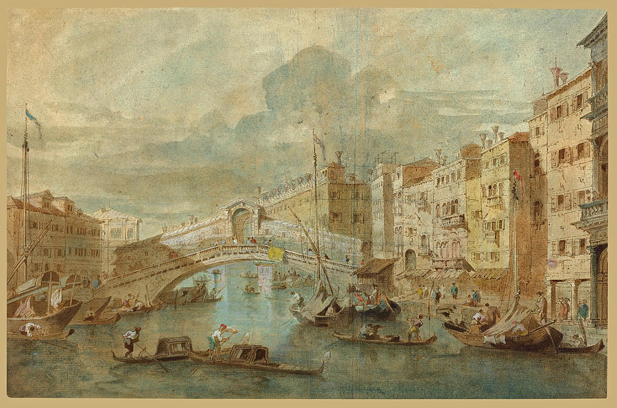 View of the Rialto Bridge, Venice Drawing by Attributed to Francesco Guardi