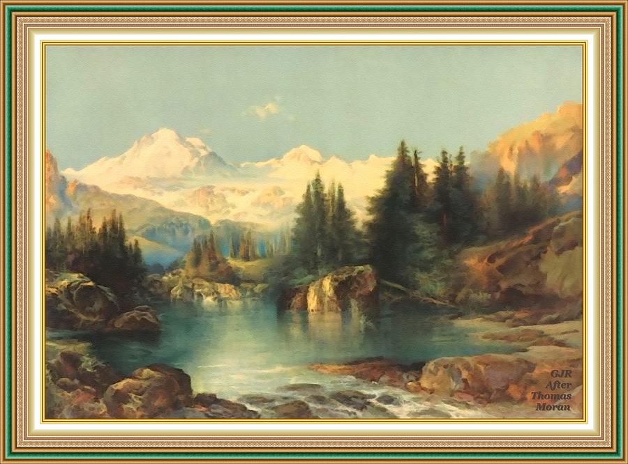 View Of The Rocky Mountains After The Original Artwork By Thomas Moran L A S With Printed Frame. Digital Art