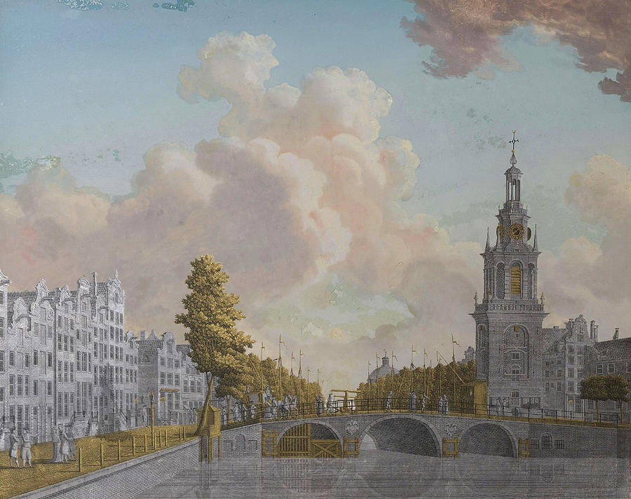 View of the Tower called Jan Roodenpoortstoren and the Singel Canal in Amsterdam. Painting by Jonas Zeuner