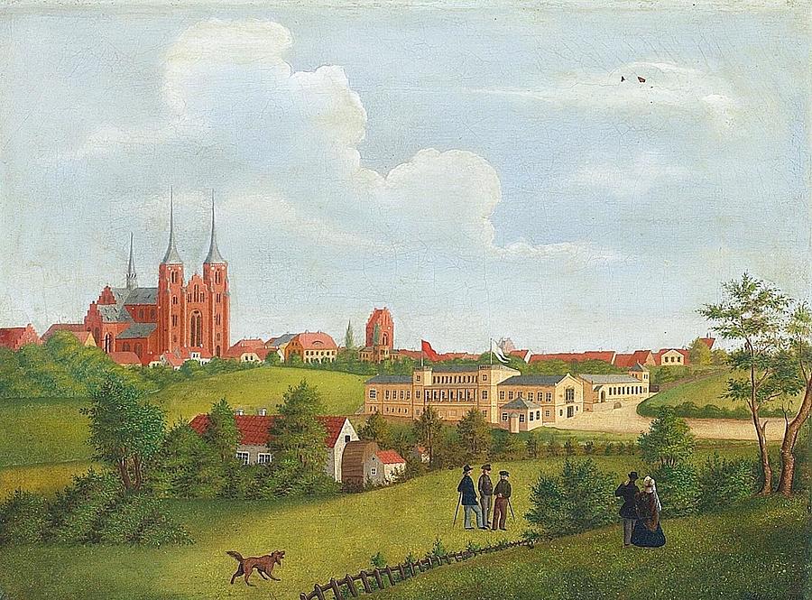 Left Painting -  View of the town of Roskilde with the cathedral to the left Dansk  Byprospekt fra Roskilde med Domk by Jacob Christian Gottschalk