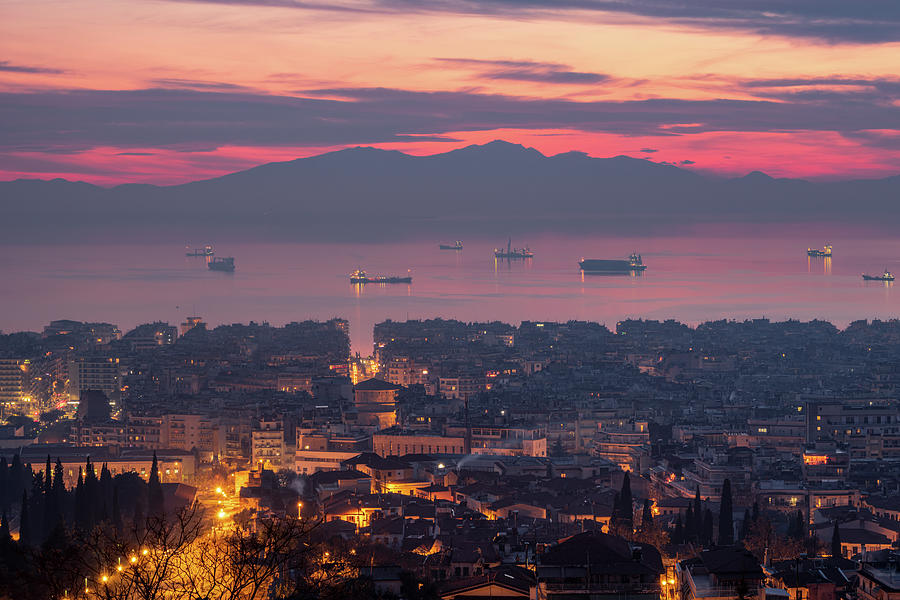 View of Thessaloniki City in Greece and Mount Olympus at Dusk Photograph by Alexios Ntounas