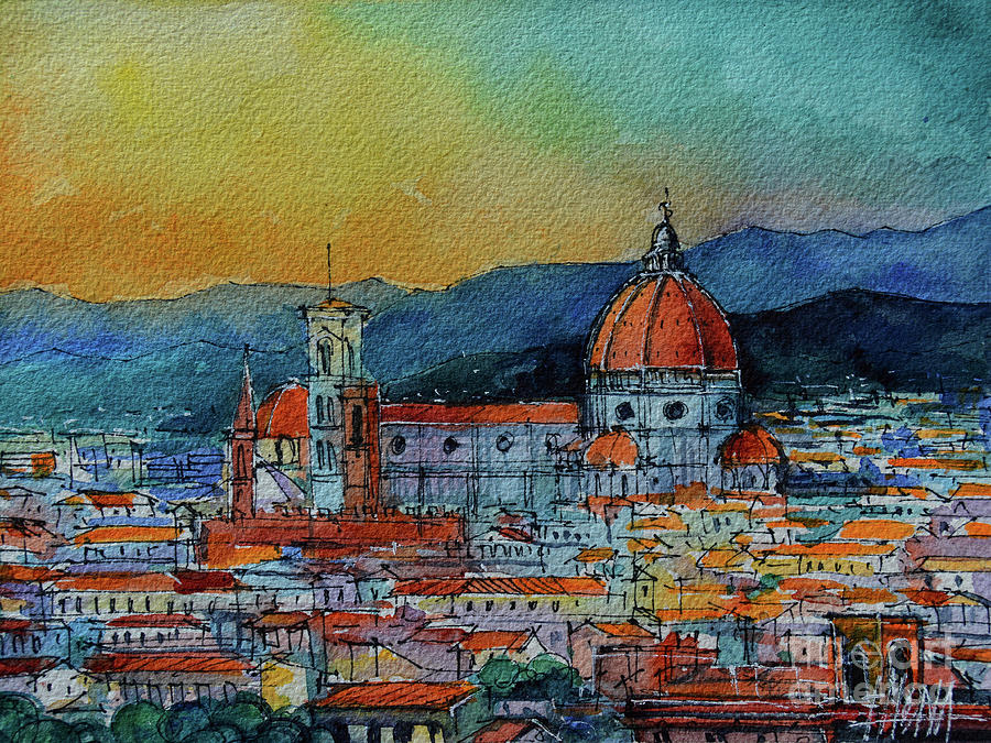 Abstract Painting - View on Florence and the Duomo from Piazzale Michelangelo by Mona Edulesco