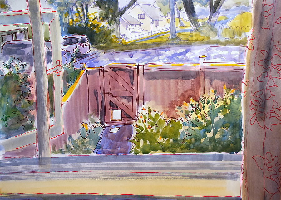 View out of a window plein air watercolor painting Painting by Mike Jory