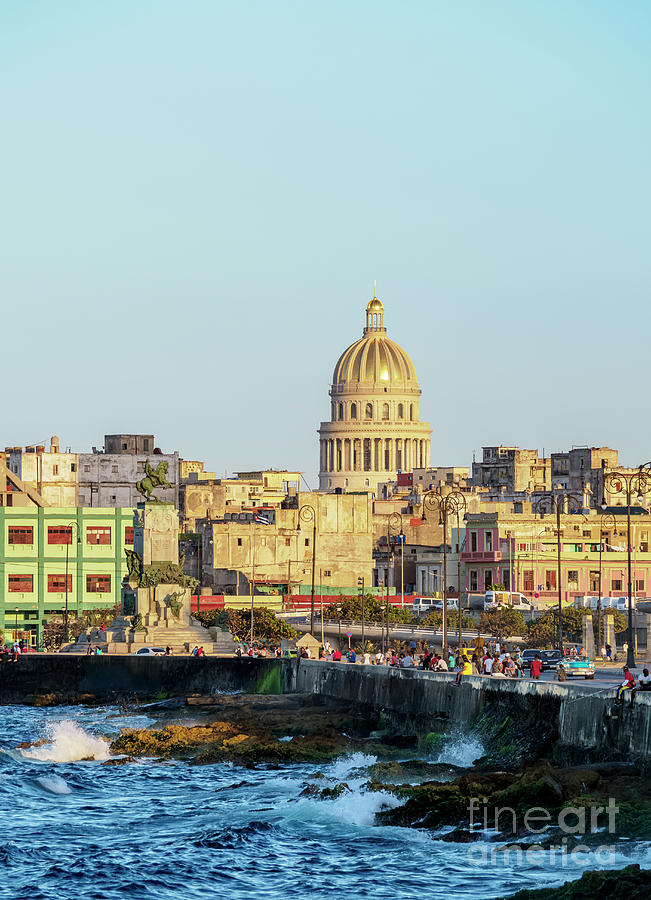 View over El Malecon and Centro Habana towards El Capitolio at sunset ...