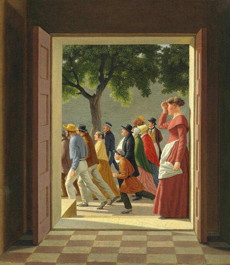 View through a door to running figures Painting by Christoffer Wilhelm Eckersberg