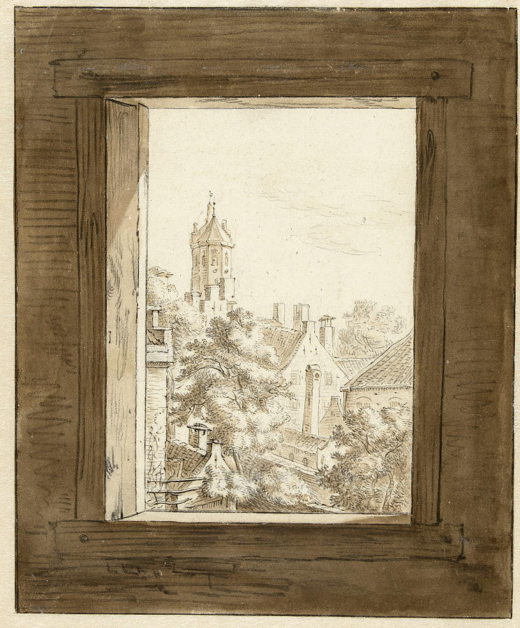 View through a window on Utrecht Drawing by Herman Saftleven