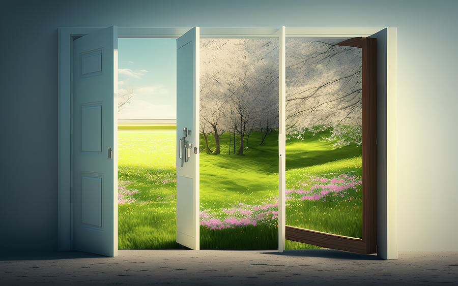 View through the open door onto spring landscape and sunrise. Ge ...