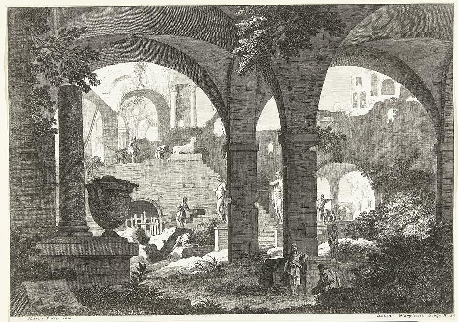 View Through Vaults To Ruins And Statues With Some Figures Marco Ricci 1739 1740 Painting
