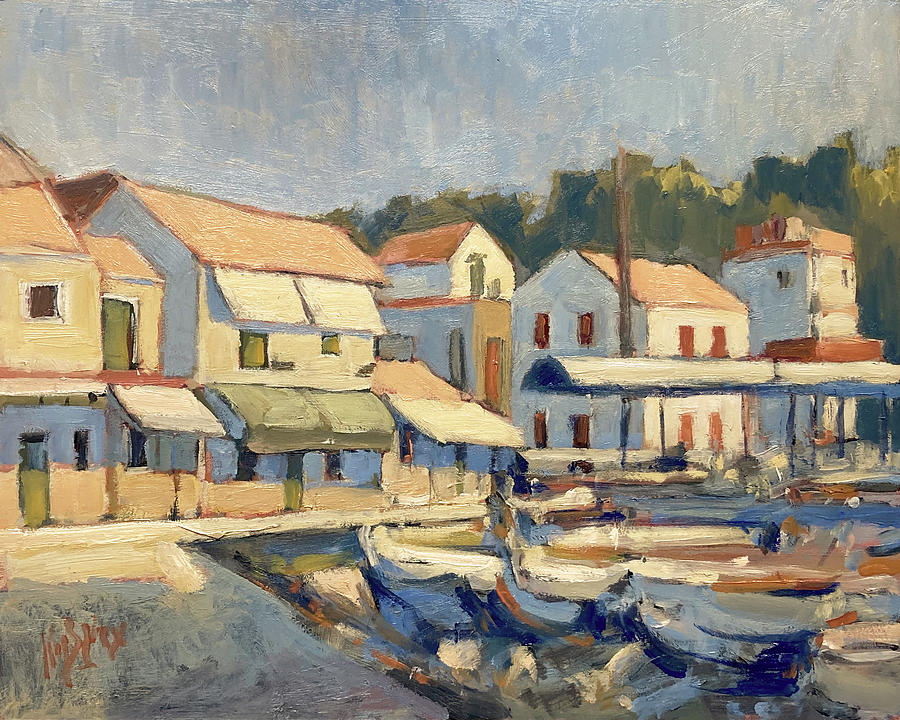 View to Mini market Dendias and boat Lefcothea Paxos Painting by Nop Briex