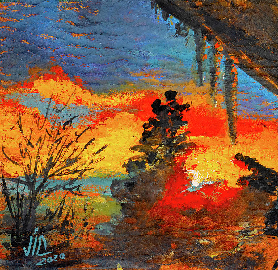 View with icicles and sunset in New Mexico United Stated painted on vellum by Vali Irina Ciobanu Painting by Vali Irina Ciobanu