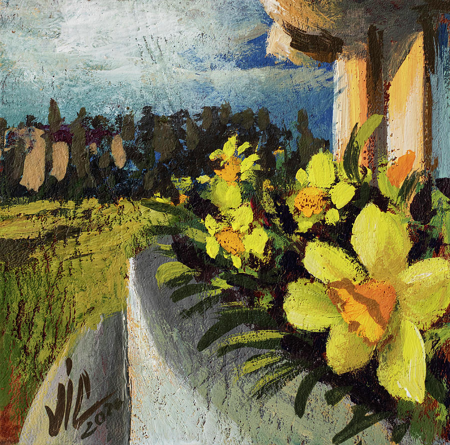 View with yellow flowers  in Bucharest Romania Painting by Vali Irina Ciobanu