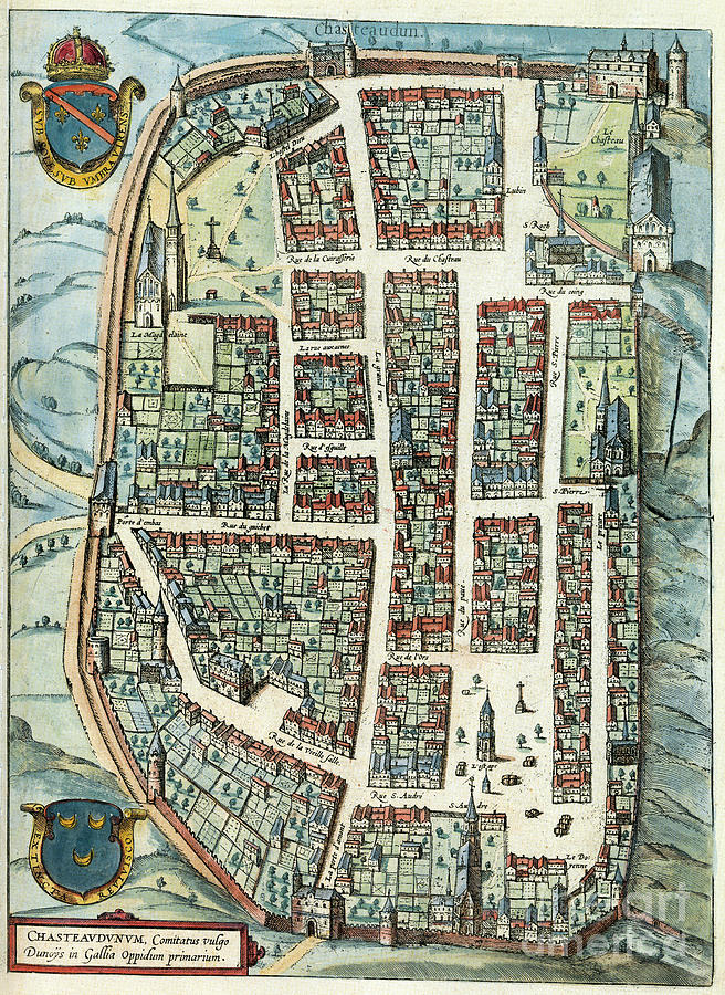 Views Of Chartres And Chateaudun, 1581 Drawing by Georg Braun and Franz Hogenberg