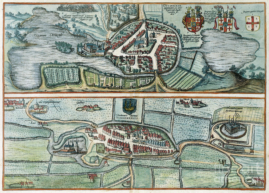 Views Of Eutin And Tonder, 1598 Drawing by Georg Braun and Franz Hogenberg