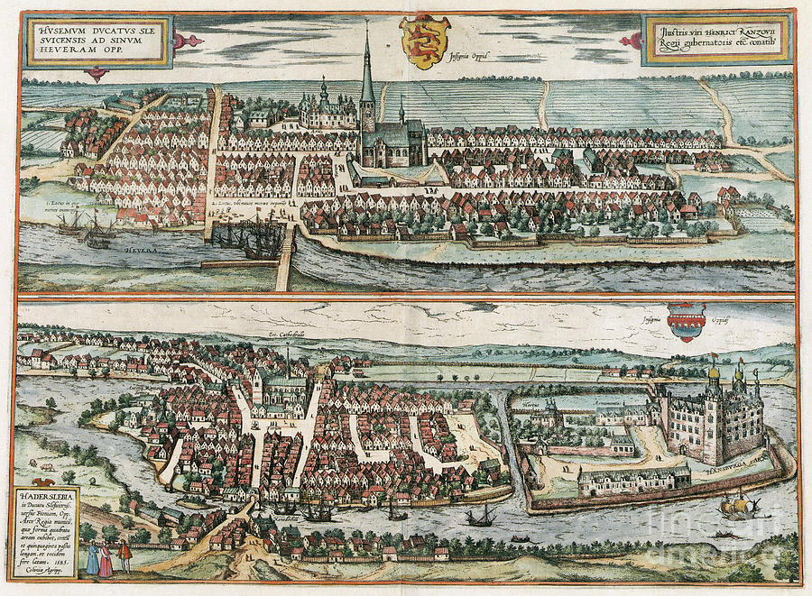 Views Of Husum And Haderslev, 1588 Drawing by Georg Braun and Franz Hogenberg