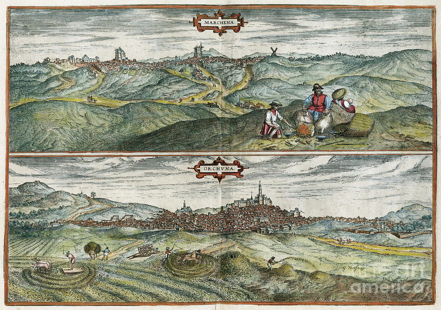 Views Of Marchena And Osuna, 1588 Drawing by Georg Braun and Franz Hogenberg