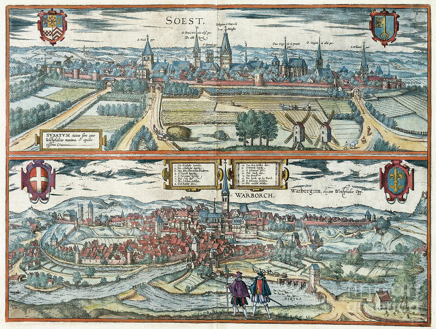 Views Of Soest And Warburg, 1581 Drawing by Georg Braun and Franz Hogenberg