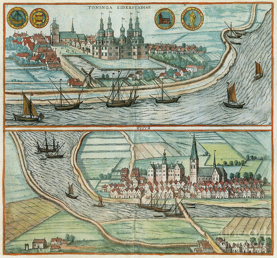 Views Of Tonning And Husum, 1598 Drawing by Georg Braun and Franz Hogenberg