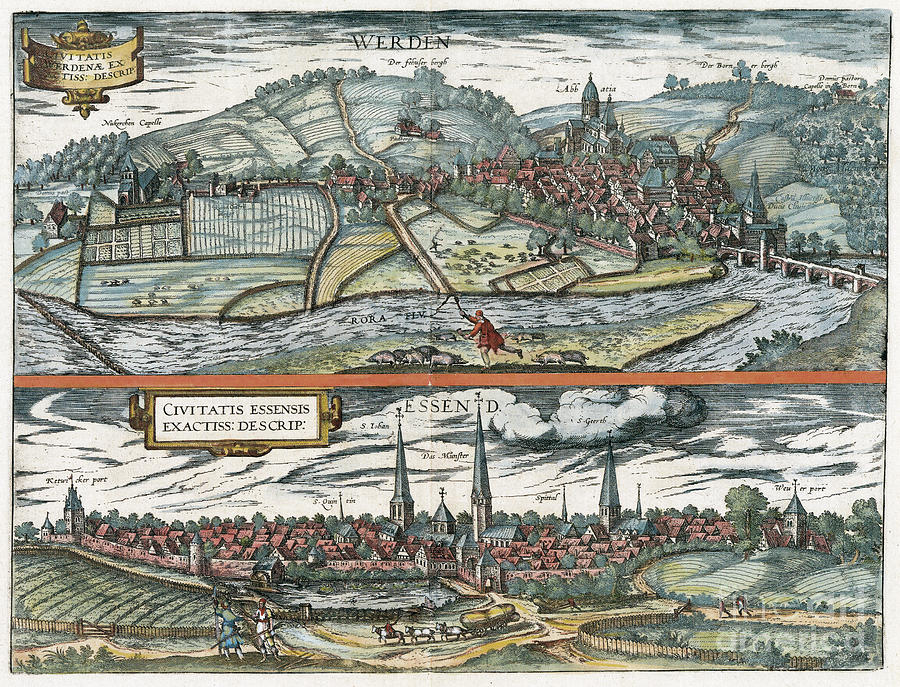 Views Of Werden And Essen, 1581 Drawing by Georg Braun and Franz Hogenberg