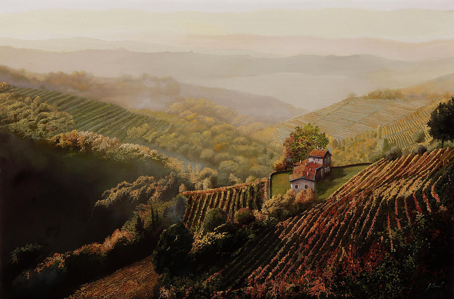 Grape Painting - vigne di Langa nella nebbia by Guido Borelli