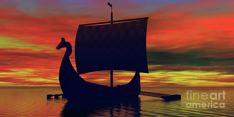 Viking Boat Sunrise Digital Art by Corey Ford